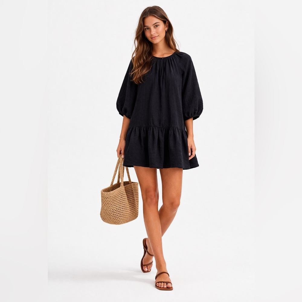 H&M Black Balloon Sleeve Mini Dress Medium | A-Line Babydoll Skater Flowy Boho